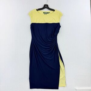Lauren Ralph Lauren Womens Dress Size 6 Yellow Blue Sheath Ruched Knee Length‎